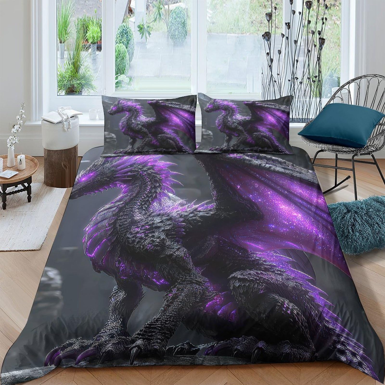 GPLZQXKJNH 3D Printed Purple Dragon Duvet Cover Microfiber Soft Breathable Fantasy Creature Bedding Set with 2 Pillowcases for Bedroom Decor, Single（135x200cm）