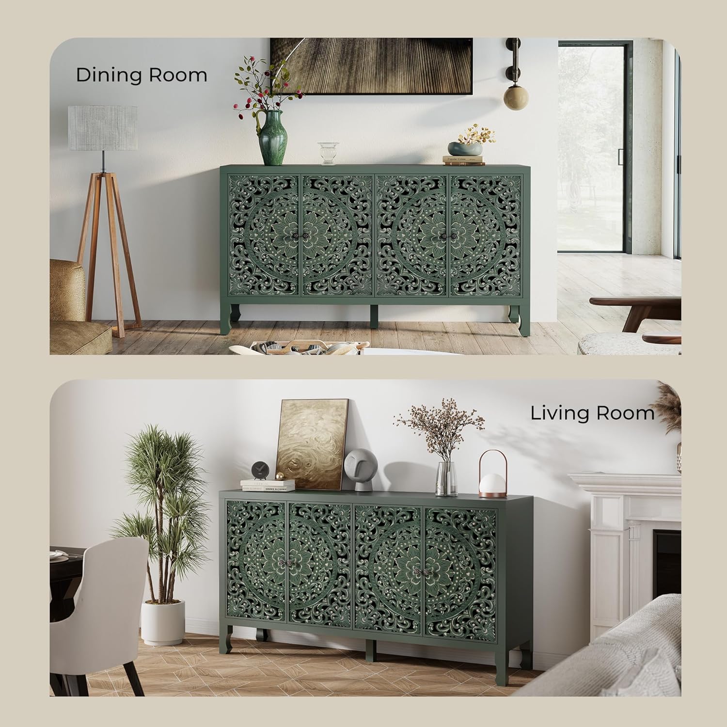 Buffet Cabinet with Storage, Accent Cabinet with 4 Carved Doors, Solid Wood Sideboard with Adjustable Shelf, Vintage Cabinets for Kitchen, Living Room, Entryway, Green