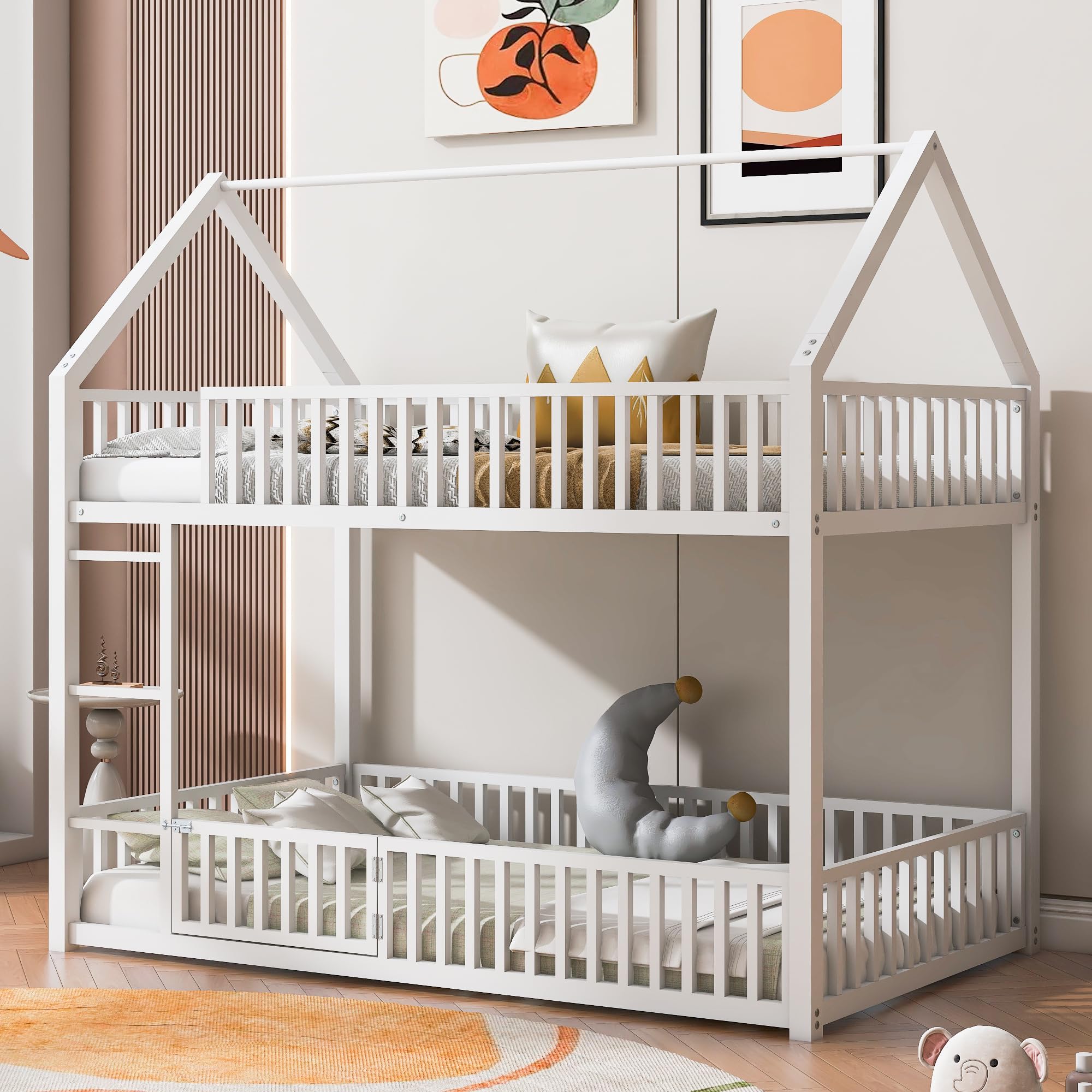 HRJHLucky Metal Twin Over Twin House Bunk Bed with Fence and Door,Bunk House Bed for Boys Girls Teens (White)