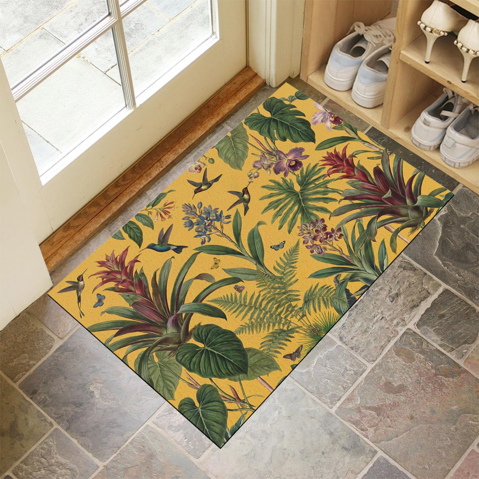 Felpudo Ultrafino Para Interiores, 80X120Cm, Plantas Tropicales Retro Alfombra Antideslizante Lavable Para Entrada, Colibríes Exóticos Flores Felpudo De Perfil Bajo, Atrapa Suciedad, Amarillo