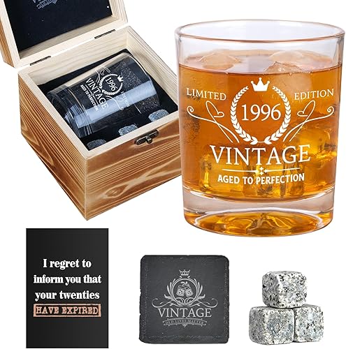 30th Birthday Gifts for Men - Limited Edition Vintage 1996 Whiskey Glasses with Wooden Box - Cheers To 30 Years Old - 30th Birthday Gifts For Brother