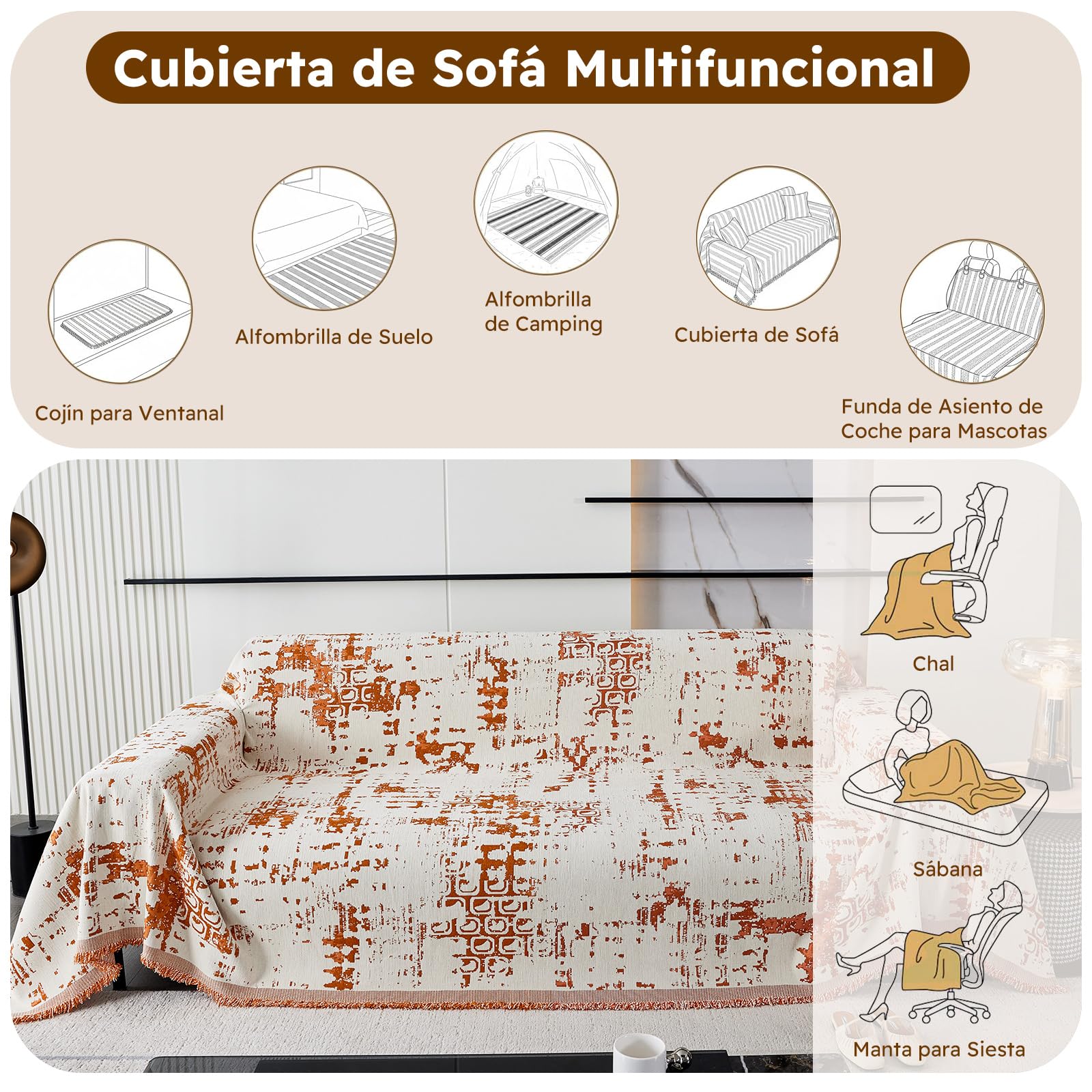 Funda Sofa, Cubre Sofas Reversible de Estilo Clásico,Four Seasons, Colcha Multiusos para Sofá, Manta de Sofá Resistente a Arañazos de Gato 180 * 420cm-Naranja