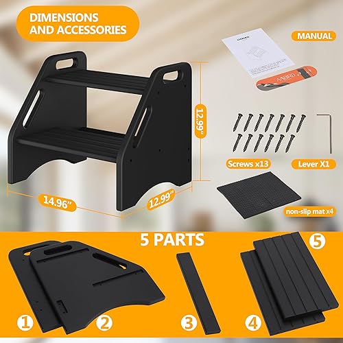 Miniatura 6 de AMBIRD Taburete de madera, taburetes de dos escalones, capacidad de 300 libras con almohadillas y asas antideslizantes de seguridad, taburete de