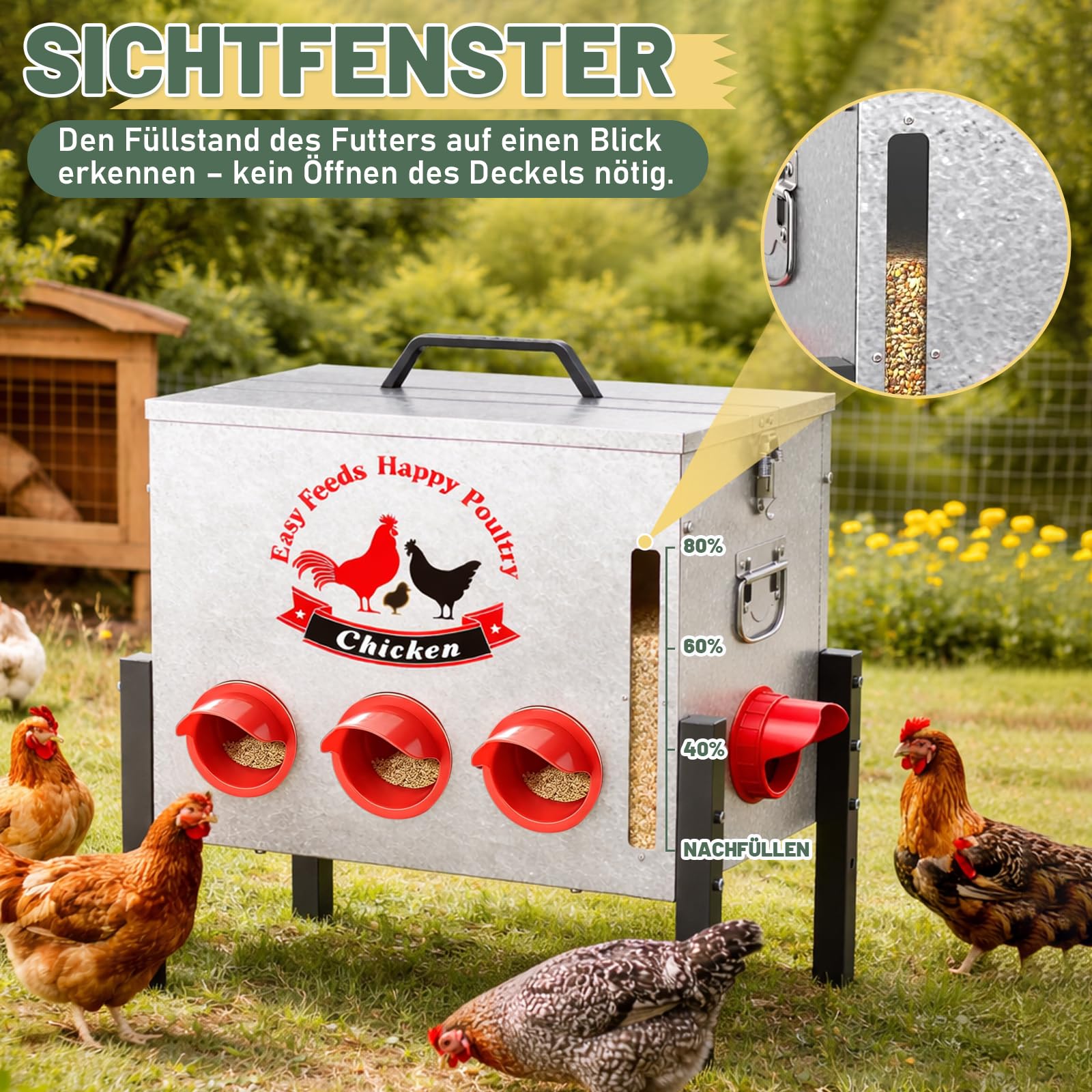 25 kg Futterautomat für Hühner, Hühnerfutter Automat mit 8 Fütterungsöffnungen, Fenster, Höhenverstellbar, Rattenfest Futterspeicher für Hühner, Enten, Gänse, Zubehör für Hühnerstall