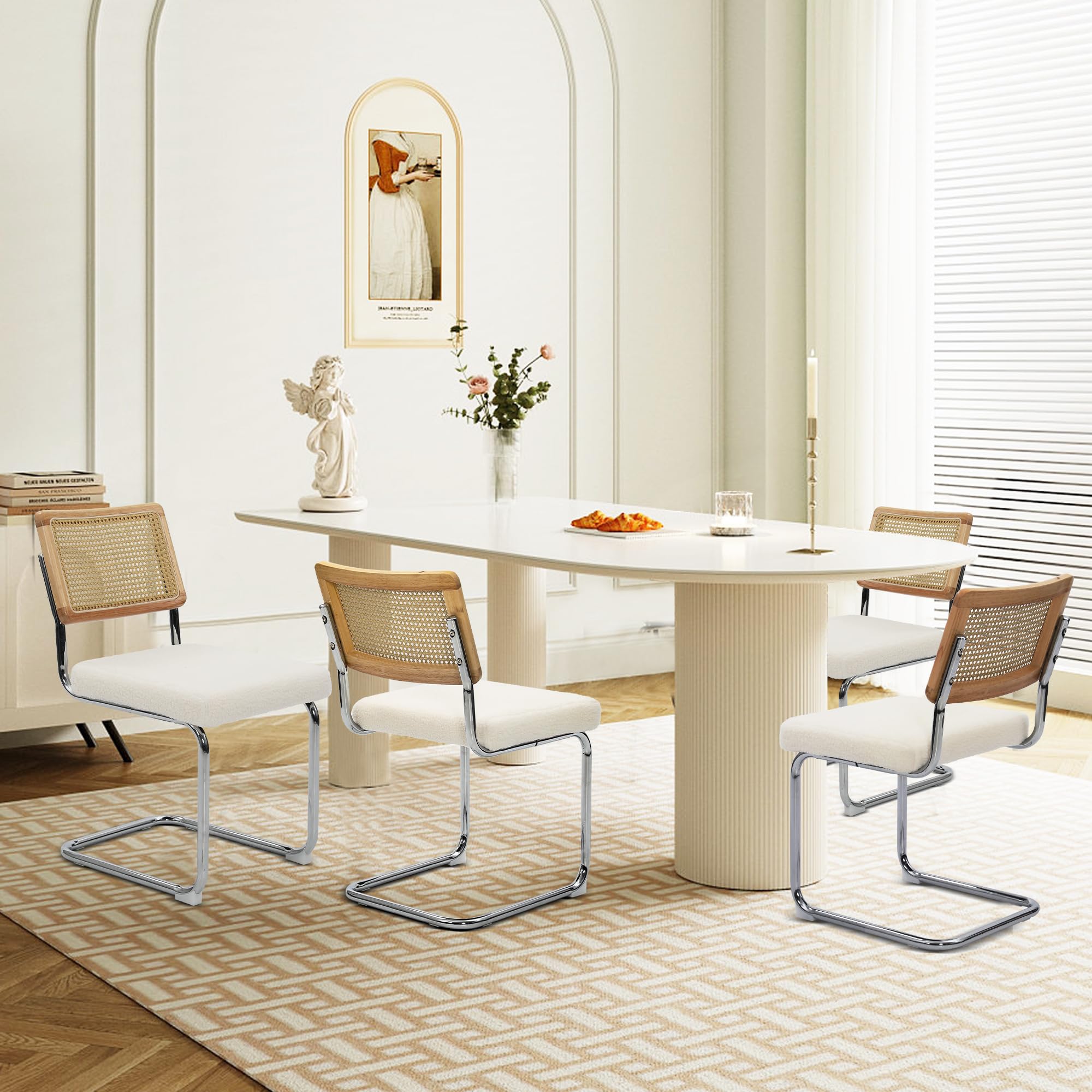 KROFEM Dining Chairs Set of 4, Modern Rattan Kitchen Chairs, Mid Century Modern Design, Polished Chrome Frame, Upholstered Seat, White