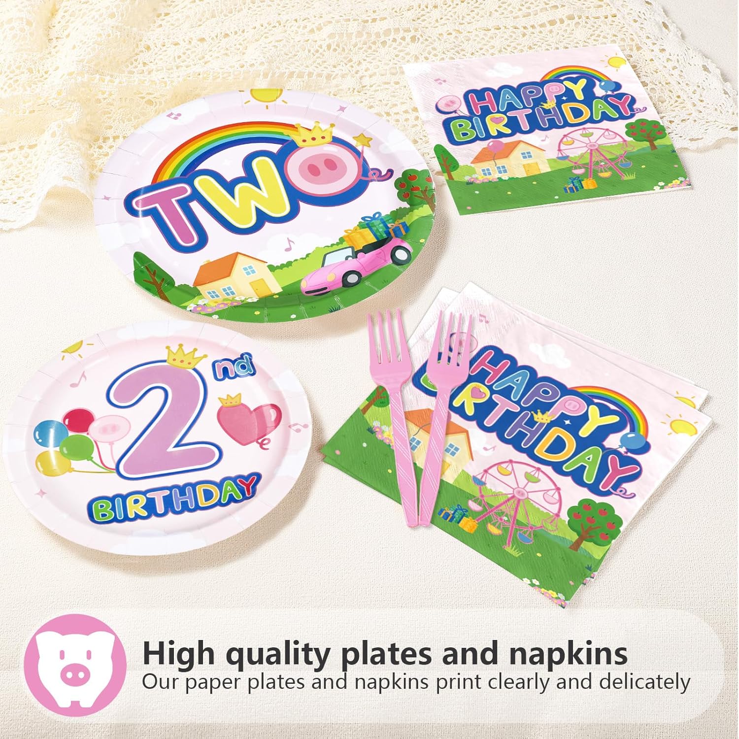 96Pcs Pink Pig 2nd Birthday Party Decorations Pink Piggy Paper Plates and Napkins Cartoon Pig Theme 2 Years Old Birthday Disposable Tableware Set for Kids Girls Baby Shower Party Supplies, Serves 24 - Image 3