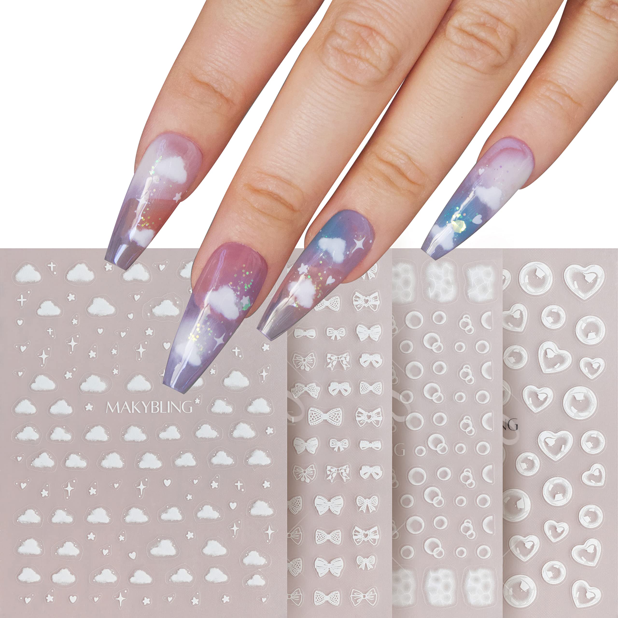 Amazon.com: 4pcs Cloud Nail Stickers Ultra Thin Bubble Bow tie Self  Adhesive Peel Off White Cute Sticker Tips Nail Decals : Beauty & Personal  Care
