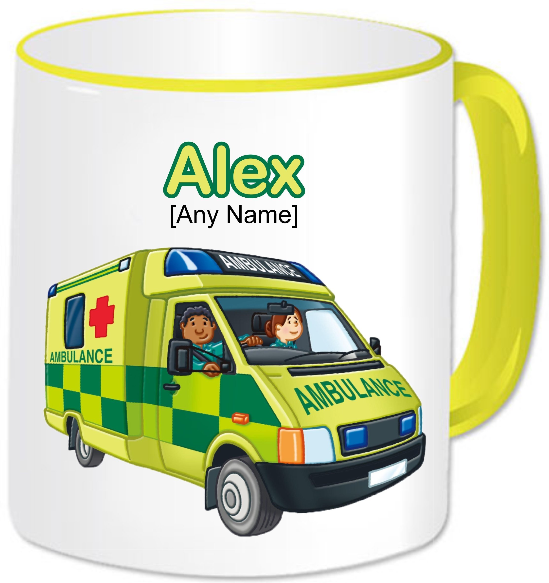 Gadgetepoint Yellow Handle & Rim Personalised Paramedic Gift - Ambulance Mug (Any Name Any Message). Uk British Emergency Services Paramedic Medical Hospital Staff Red Cross Van Vehicle Automobile Theme (Yellow Handle & Rim)