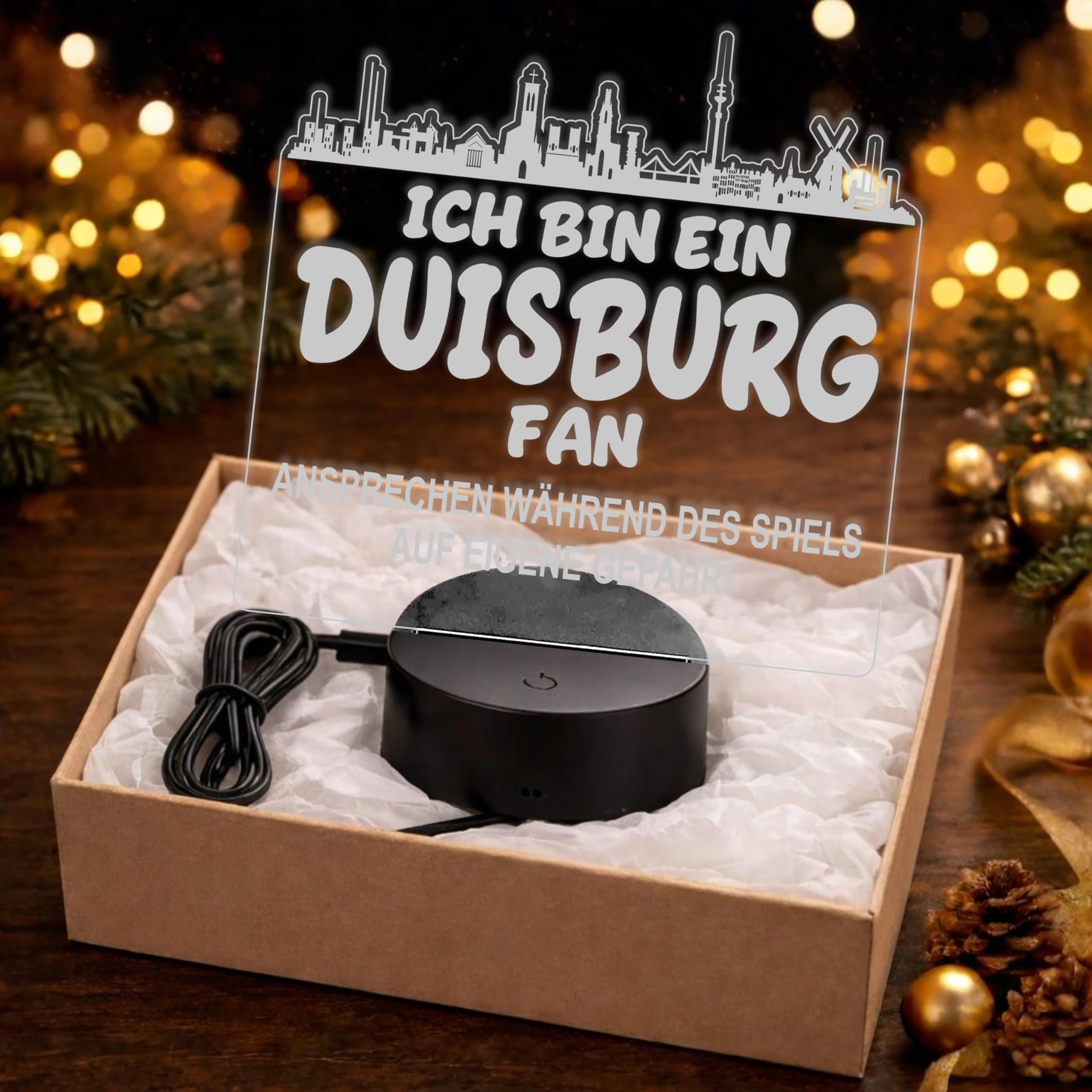 Lieblingsmensch Duisburg Fan Fußball LED Nachtlicht – 3D Skyline Design „Ansprechen auf eigene Gefahr“ – RGB Farbwechsel mit Fernbedienung & Touch – Stimmungslicht für die Man Cave – 19x23cm