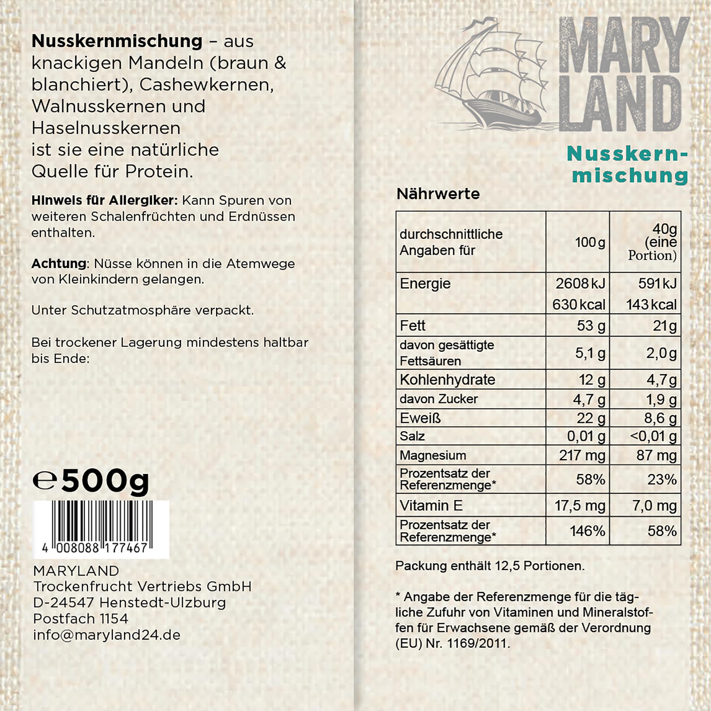 Maryland Nusskernmischung 500g Vorratspackung 5er Pack – Nusskernmischung naturbelassen, vegan, frei von künstlichen Aromen, ohne Zusatzstoffe – Im Großbeutel genießen (5 x 500g)
