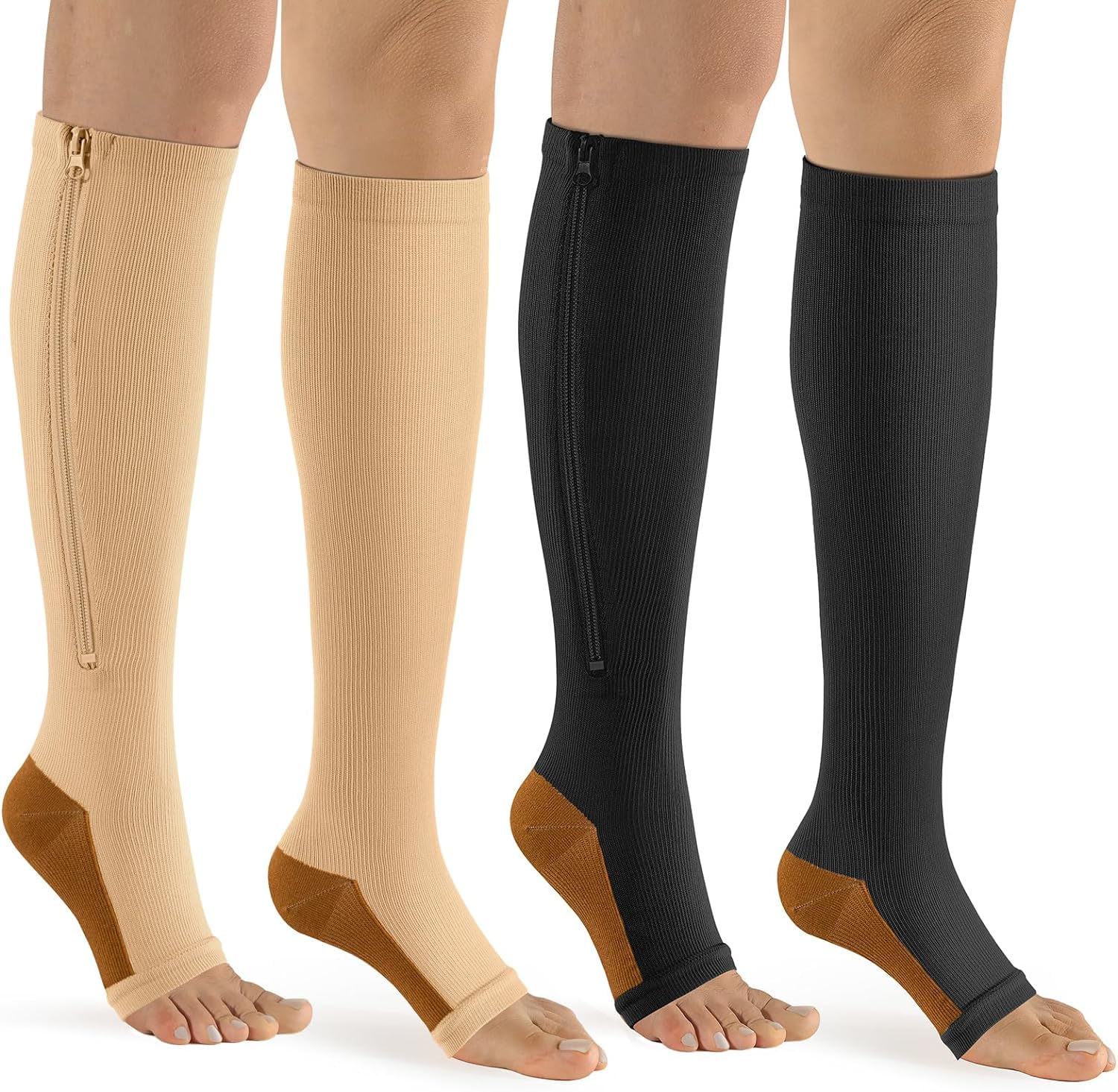 bropite Zipper Compression Socks Women & Men - 2Pairs Calf Knee High 15-20mmHg Open Toe Compression Stocking suit for Walking