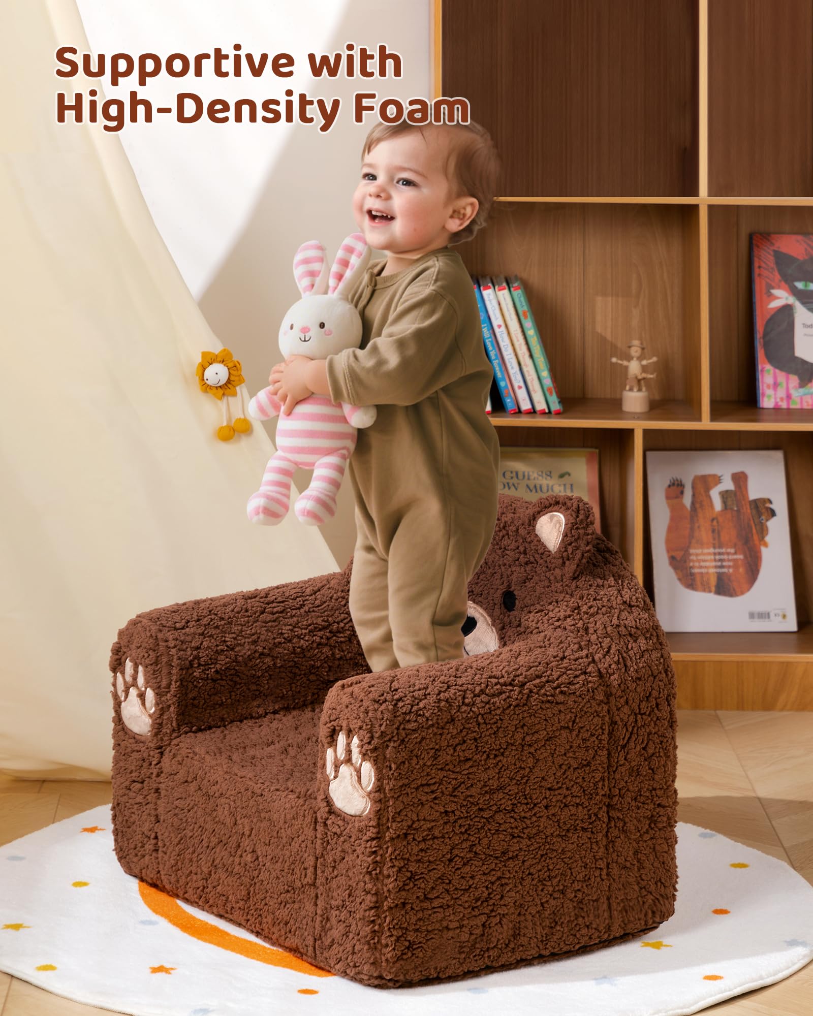 BEJOY Kindersofa Ultraweiches Kuschel-Schaumstoff kindersessel, Einzelsitz Sherpa Lesecouch für Jungen und Mädchen, Braunbär