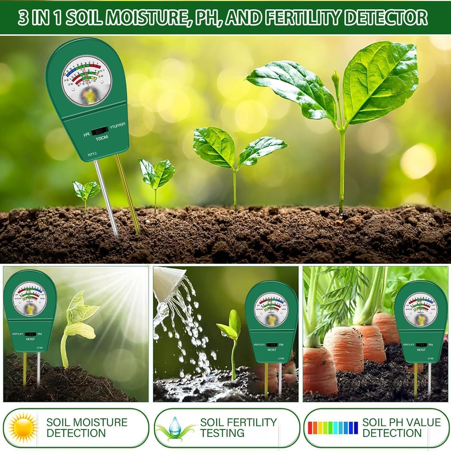 Misuratore di terreno 3 in 1, tester per pH, umidità e fertilizzante, misuratore di umidità del terreno per piante, giardino, fattoria, prato, senza batterie necessarie