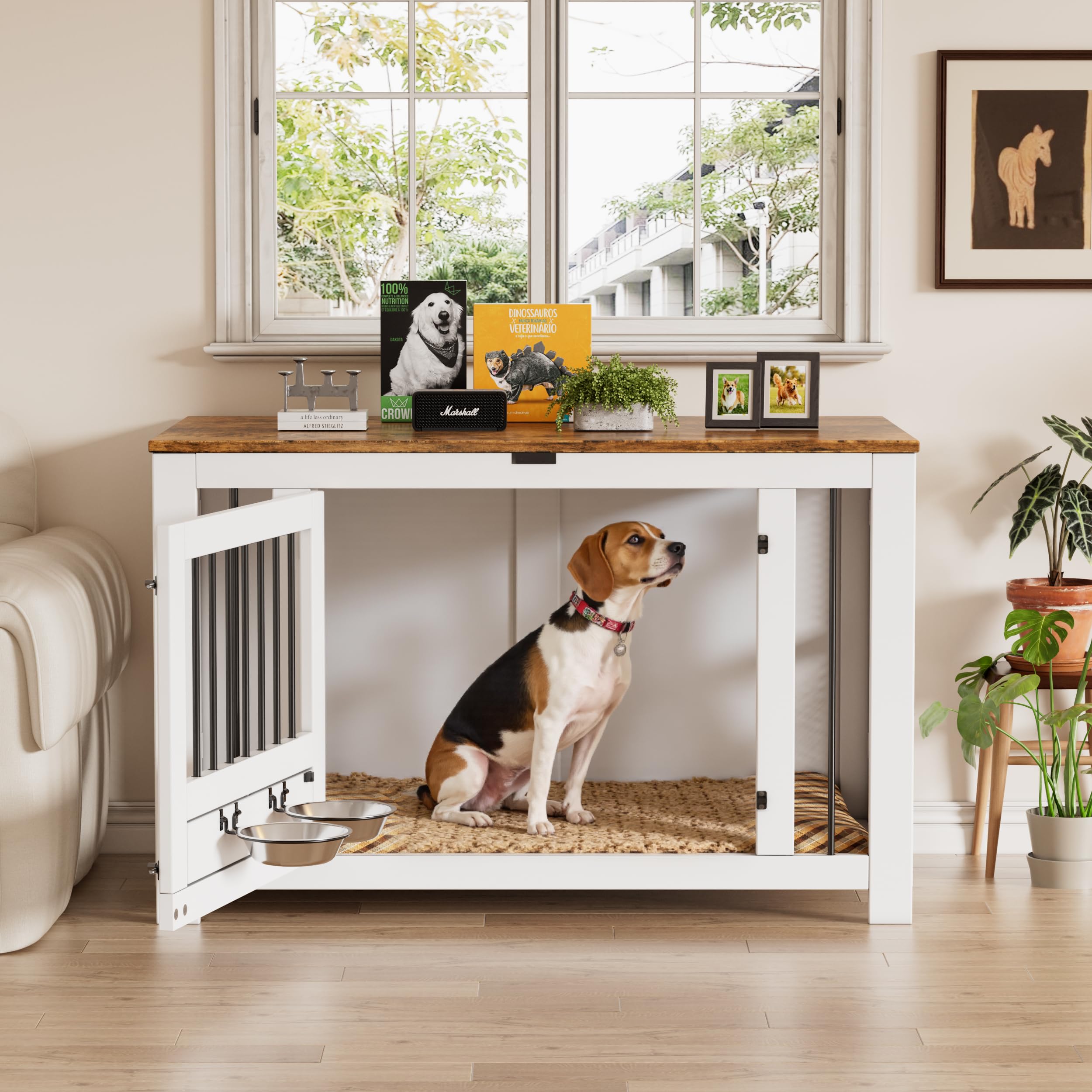 Hundekäfig Möbel,105 cm Hundebox 2Futternäpfe,1Türen,Moderne Hundekäfig Indoor für Klein/Mittele/Große Hunde,Gitterbox HundFaltbar aus Holz,Beistelltisch,Tür mit Riegel,105 × 58 × 65,6 cm,Weiß Braun