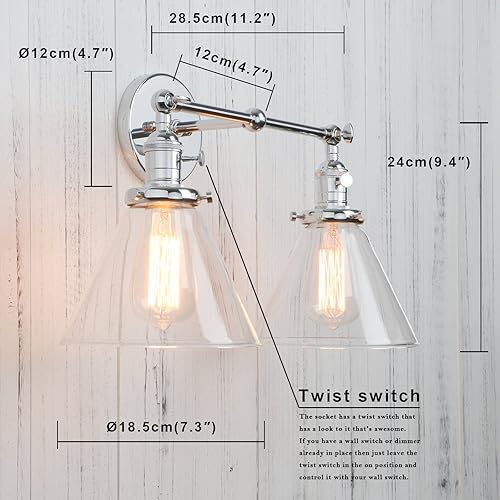 Miniatura 2 de Permo Aplique doble vintage industrial antiguo de 2 luces apliques de pared con embudo de vidrio transparente acampanado (cromado)
