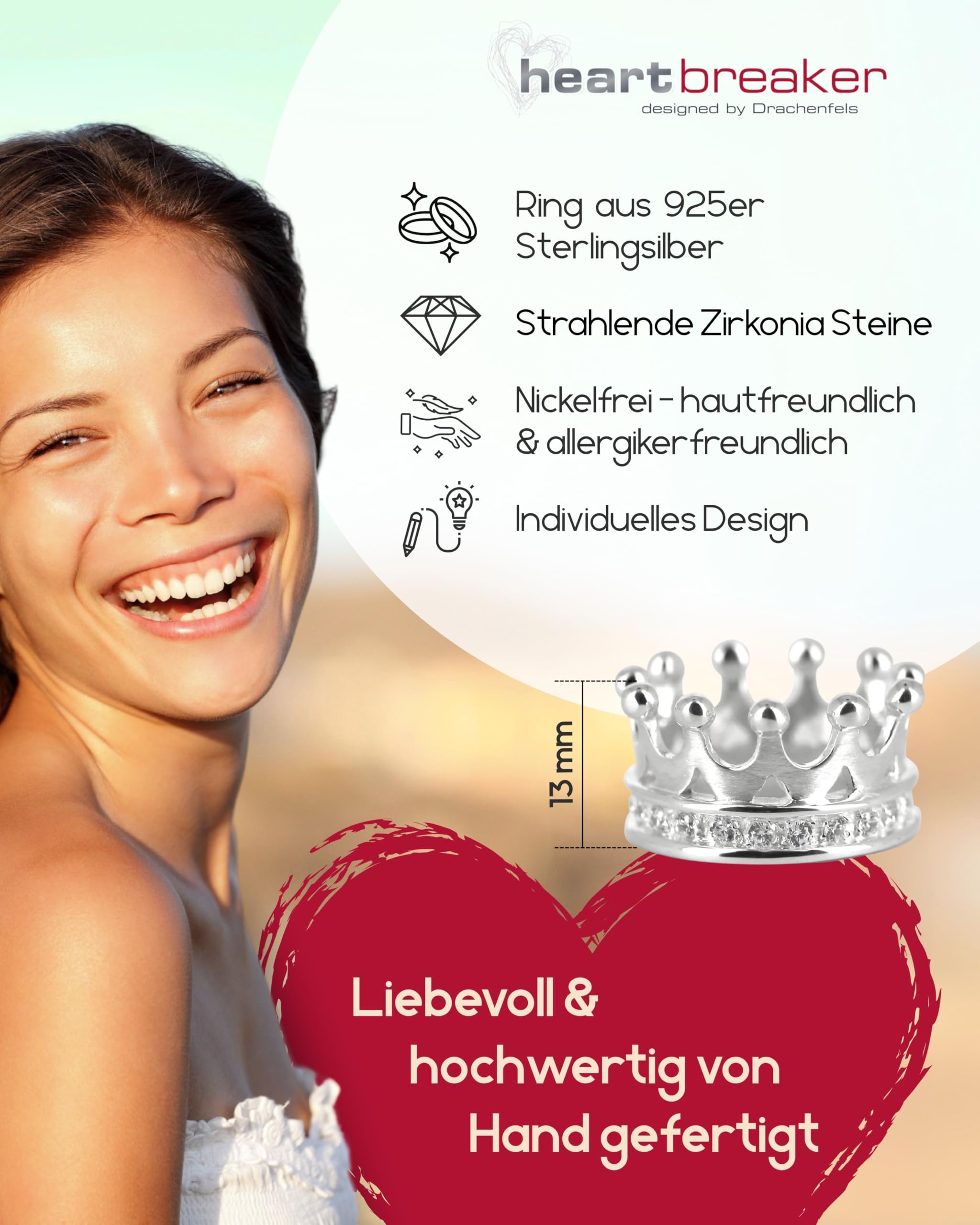 Heartbreaker "Crown of my Heart" Ring Krone I Größen 52–60 I Edler Zirkonia-Ring aus 925 Sterling Silber I Nickelfreier Damen-Ring inkl. Verpackung I In Goldschmiedequalität gefertigt