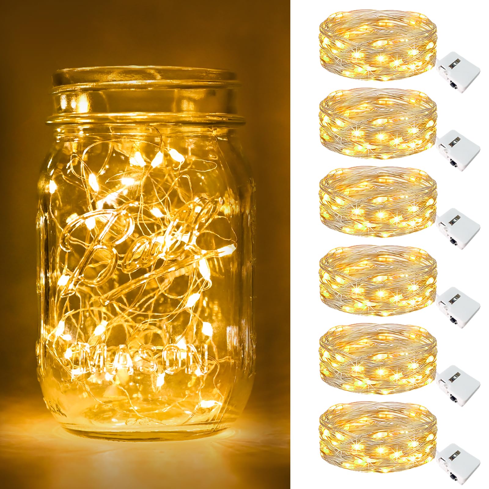btfarm 6 Pack LED Fairy Lights Battery Operated 3 Modes, 7ft 20 Led Twinkle String Lights Waterproof, Mini Silver Wire Firefly Starry Moon Lights for DIY Christmas Mason jars Wedding Table Centerpiece