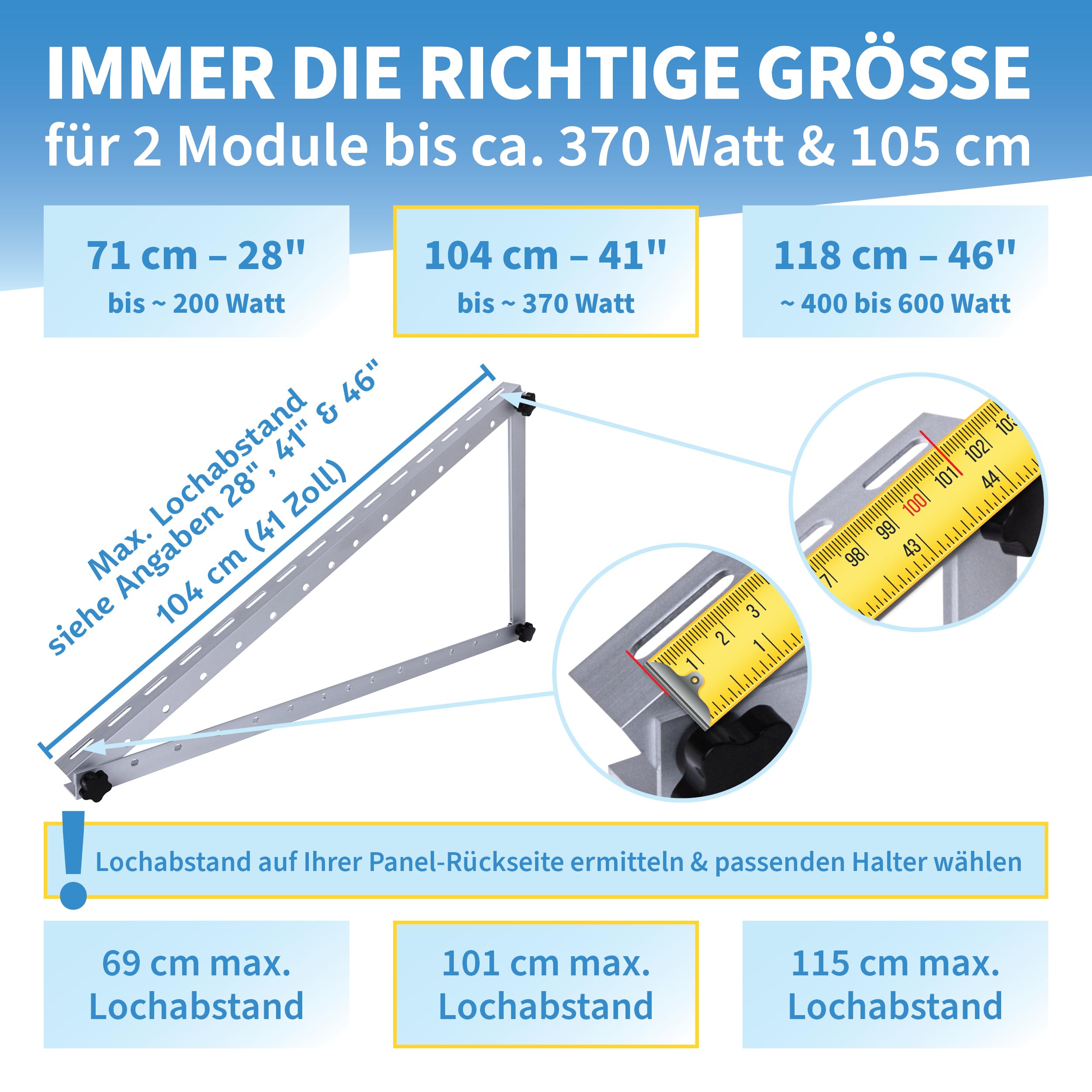 Solarmodul Halterung Alu 104 cm 41“ 4er Set 2 Paar - 0-90° Winkel einstellbar Montage & Befestigungs Set für Flachdach Aufständerung Balkonkraftwerk Solarpanel auf Balkon Garage Wand