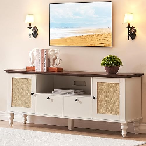 IDEALHOUSE TV Stand for 65+ Inch TV, Rattan Entertainment Center TV Media Console Table, Modern TV Stand with Storage and Mesh Door, TV Console Cabinet Furniture for Living Room (Brown Desktop)