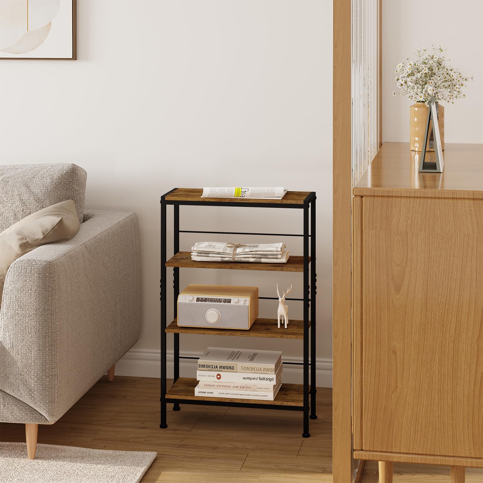 WOLTU Estanteria de 4 Niveles, Estante de Almacenaje, Estanterias para Cocina, Salon y Dormitorio, Libreria Estructura Metal, Marrón Rústico + Negro, 50x20x78 cm, RGB52shm