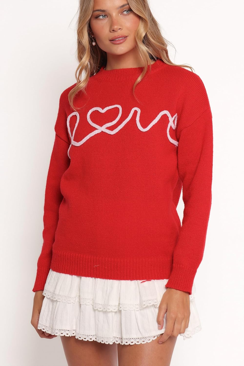 Love Embroidered Knit Sweater - Red M