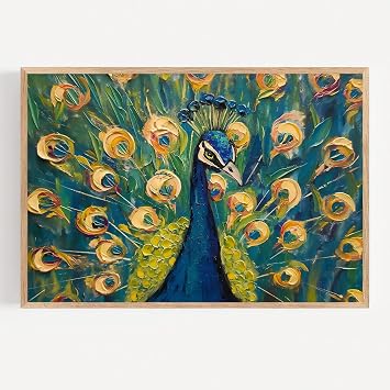 Blue Peacock Wall Art Abstract Animal Print Vintage Blue Peacocks Painting Abstract Peacocks Wall Art Green and Gold Peacock Picture 24x16inch No Frame