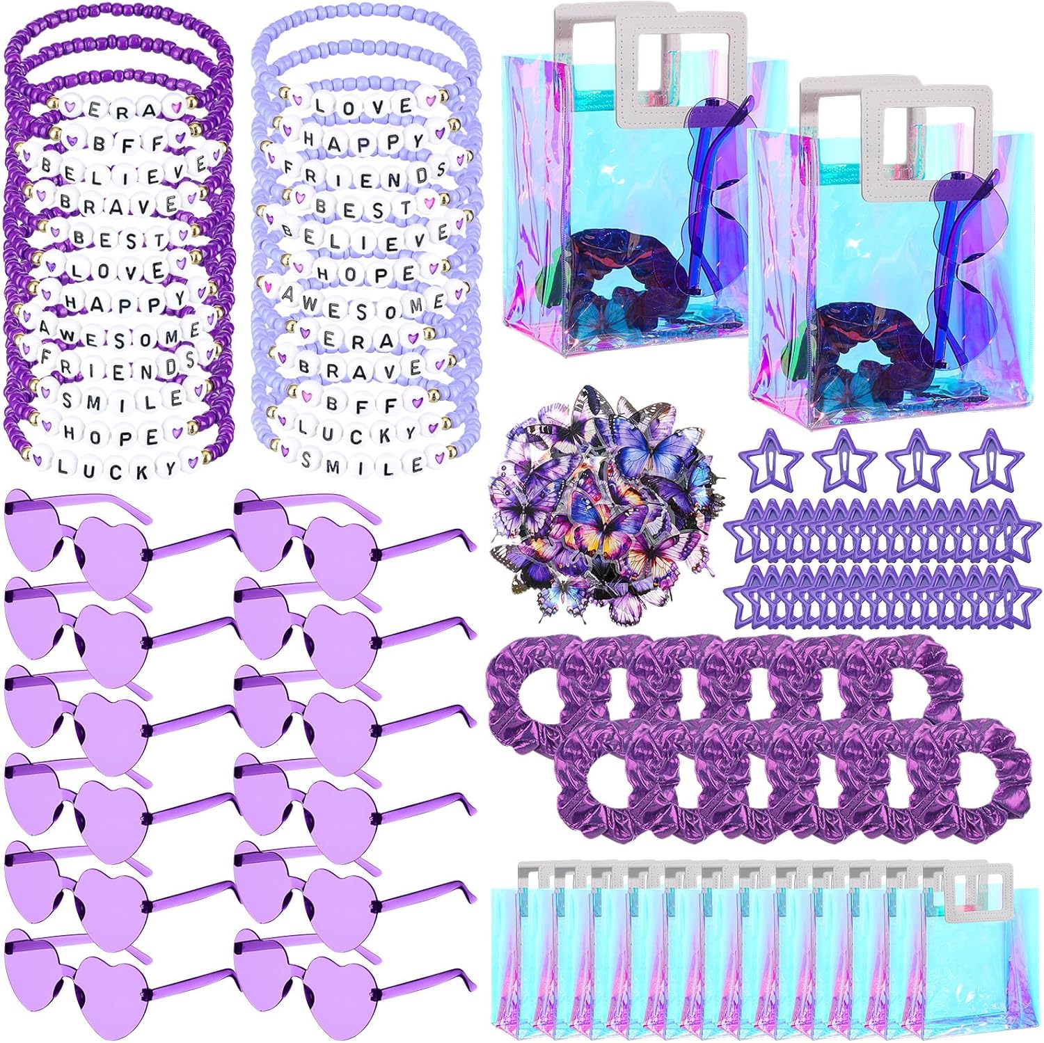 Geiserailie 146 Pcs/12 Set Kpop Party Favors Friendship Gifts Include Bead Bracelets Heart Sunglasses Scrunchies Clips Stickers Gift Bags for Popular Singer Party Favors Y2k Fans Birthday(Purple)