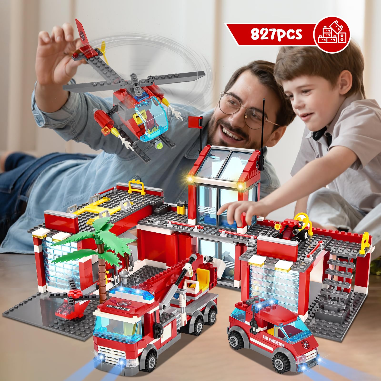 YOOHBERRYS Caserma dei Pompieri Costruzioni 827+ Pezzi per Bambini 8+ Anni | 6-in-1 City Pompieri Vigili del Fuoco, Elicottero, 2 Mezzi di Soccorso, 2 Autopompe, Idea Regalo Giocattoli Ragazzi Ragazze