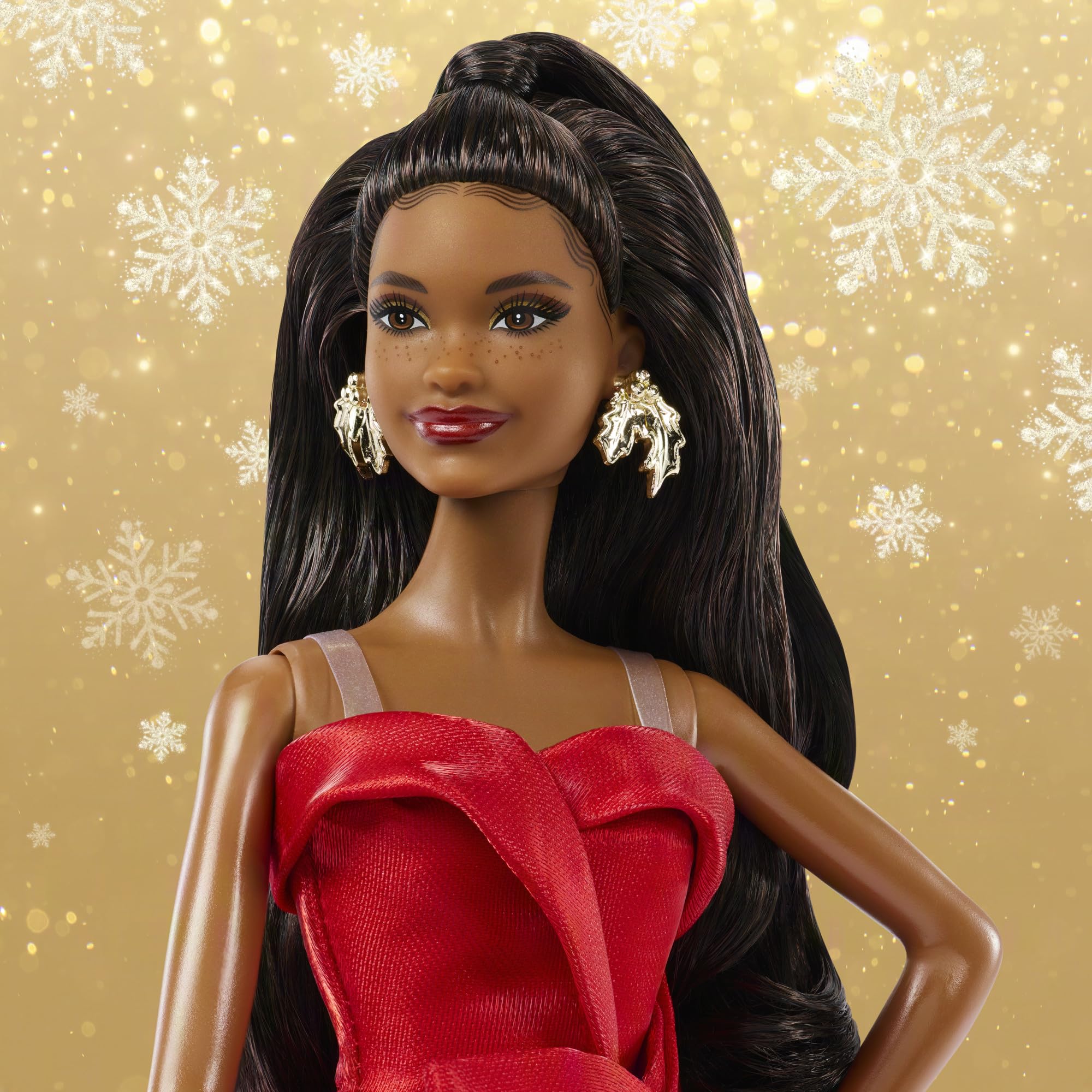 Barbie Signature Świąteczna Lalka 2026, czarne włosy, kolekcjonerska lalka sezonowa, czerwona suknia z kokardą, podstawka, ozdobne opakowanie, zabawka dla dzieci 6+ i kolekcjonerów, JJX71