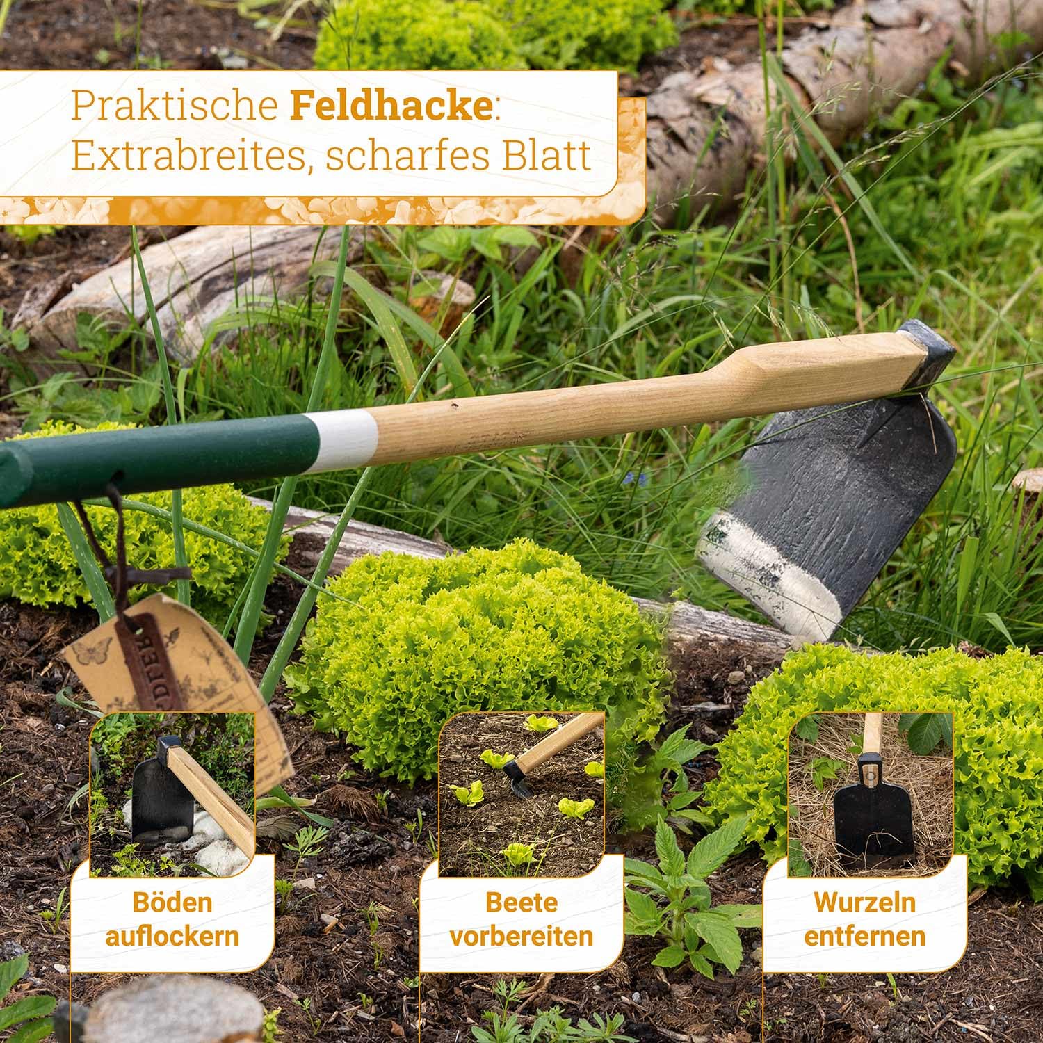 ADLER Feldhacke Gartenhacke – 105/135 cm FSC®-Eschenstiel, geschmiedeter C45-Stahl, Blatt 180x120 mm, Heilbronner Hacke, robust & langlebig, ideal zum Auflockern von Böden (Natur, L - 1350 mm)
