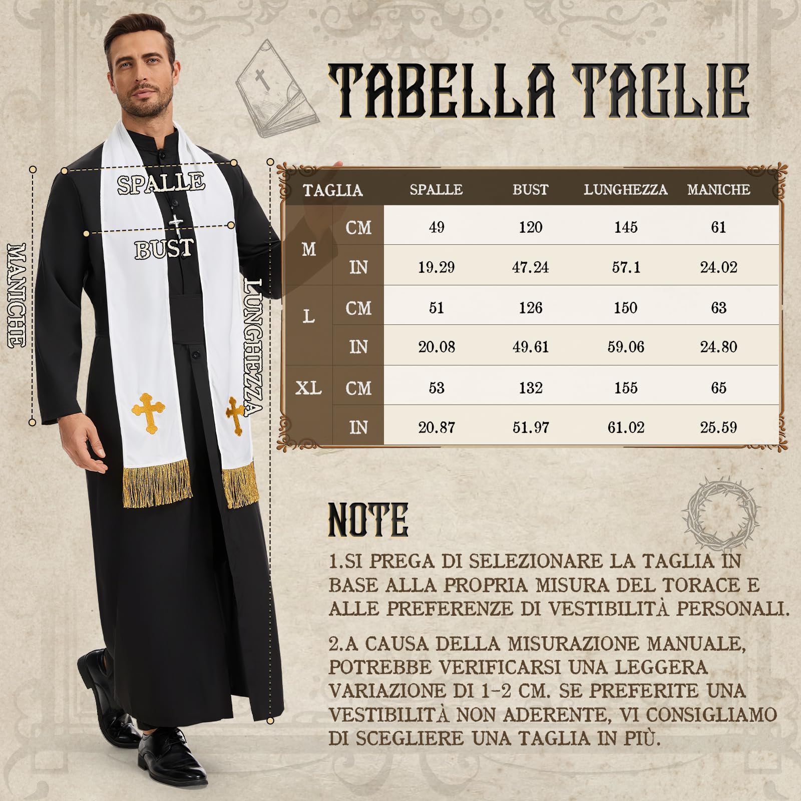 BuzzoXerex Costume Prete Uomo, Costumi Halloween Uomo, Vestito Prete con Stola, Catena con Croce, Cintura e Scatola per Bibbia per Halloween, Carnevale, Cosplay