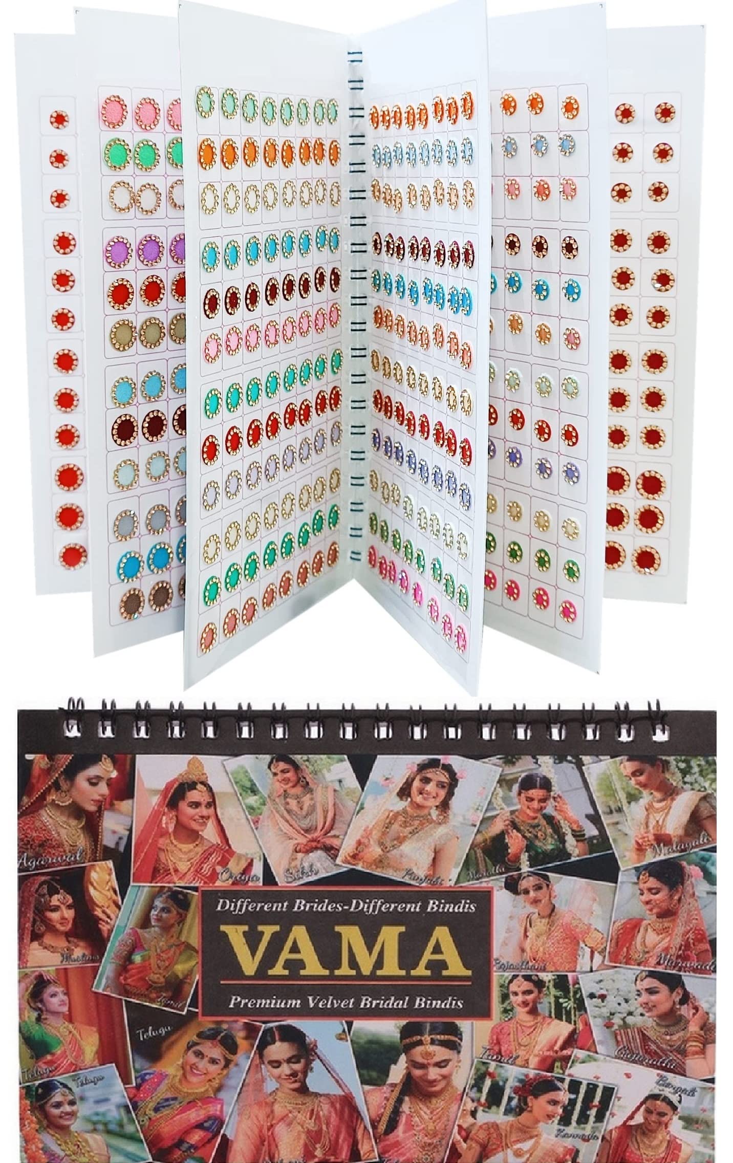 VAMA Round Spiral Pastel Multicolour Golden Crystal Stone Border Forehead Sindoor Sticker bindi booklet for women