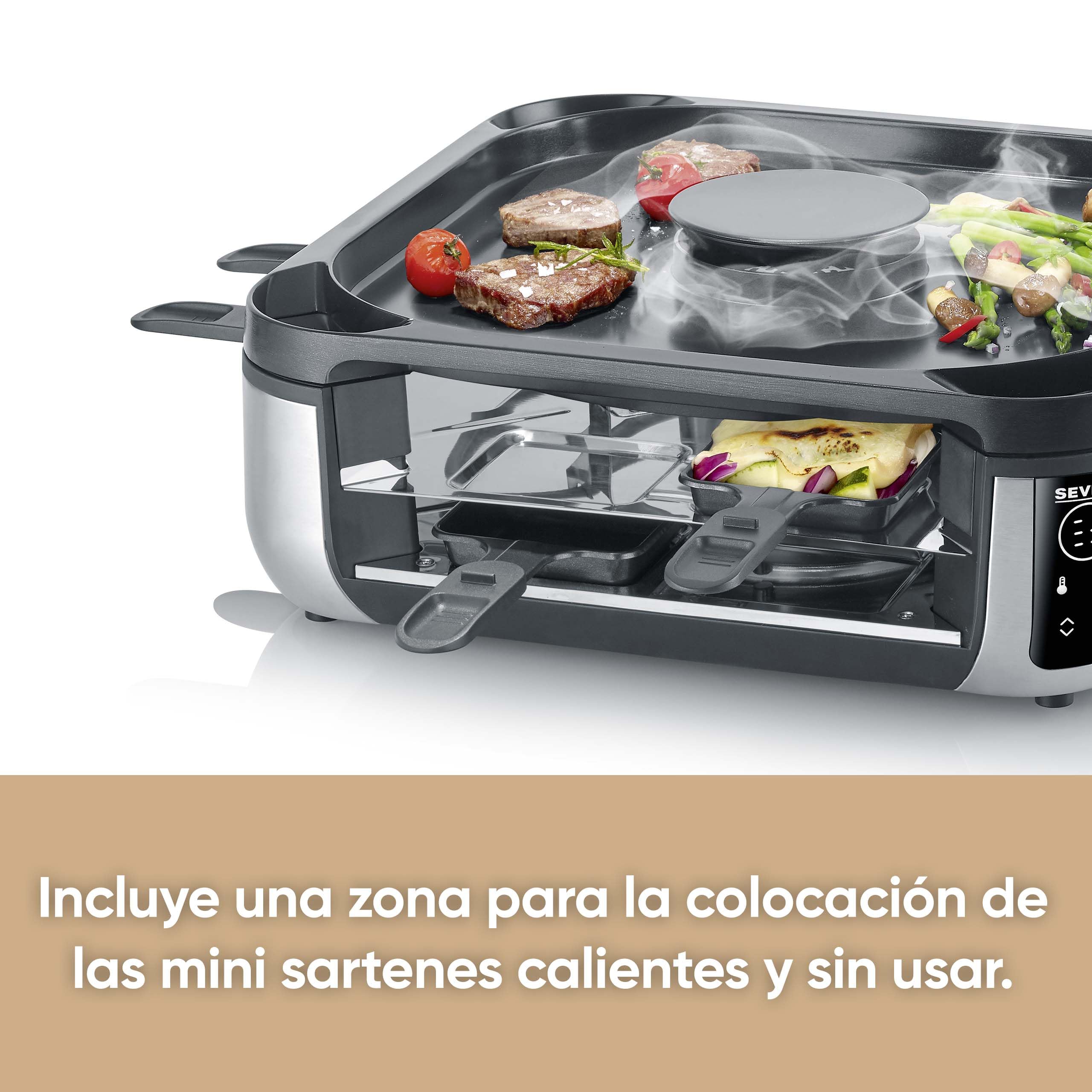 SEVERIN Raclette Grill Digital con Filtro de Aire Circulante, Parrilla Eléctrica para 8 Personas, Placa y Sartenes Aptas para Lavavajillas, Control de Temperatura Digital RG 2350
