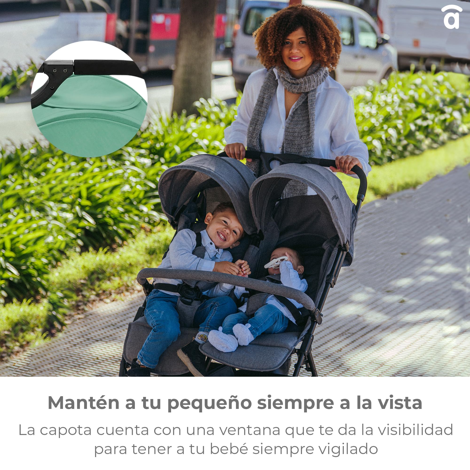 Asalvo DOUBLE HENRY Silla de paseo Doble, Cochecito doble para Gemelos y Hermanos, Ligera, Reclinable, Compacta, Plegable, Hasta 33kg, Freno trasero, Capota con ventana, Manejable, Verde