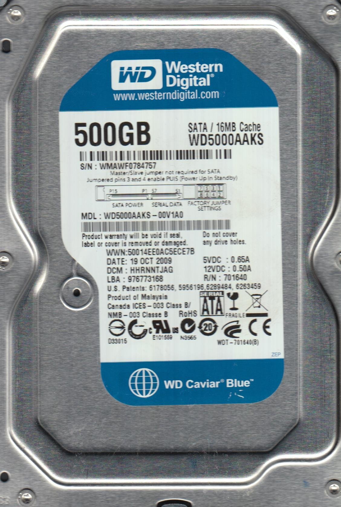 Amazon | WD5000AAKS-00V1A0、DCM HHRNNTJAG、Western Digital 500GB