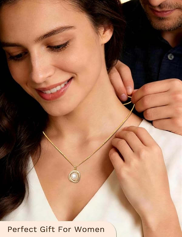 pearlette Freshwater Pearl Necklace for Women, Dainty Pendant Necklace with Cubic Zirconia, 14K Gold Plated/Silver Plated - Ideal Birthday Anniversary Wedding Mothers Day Gifts by pearlette - Used condition - Image 3