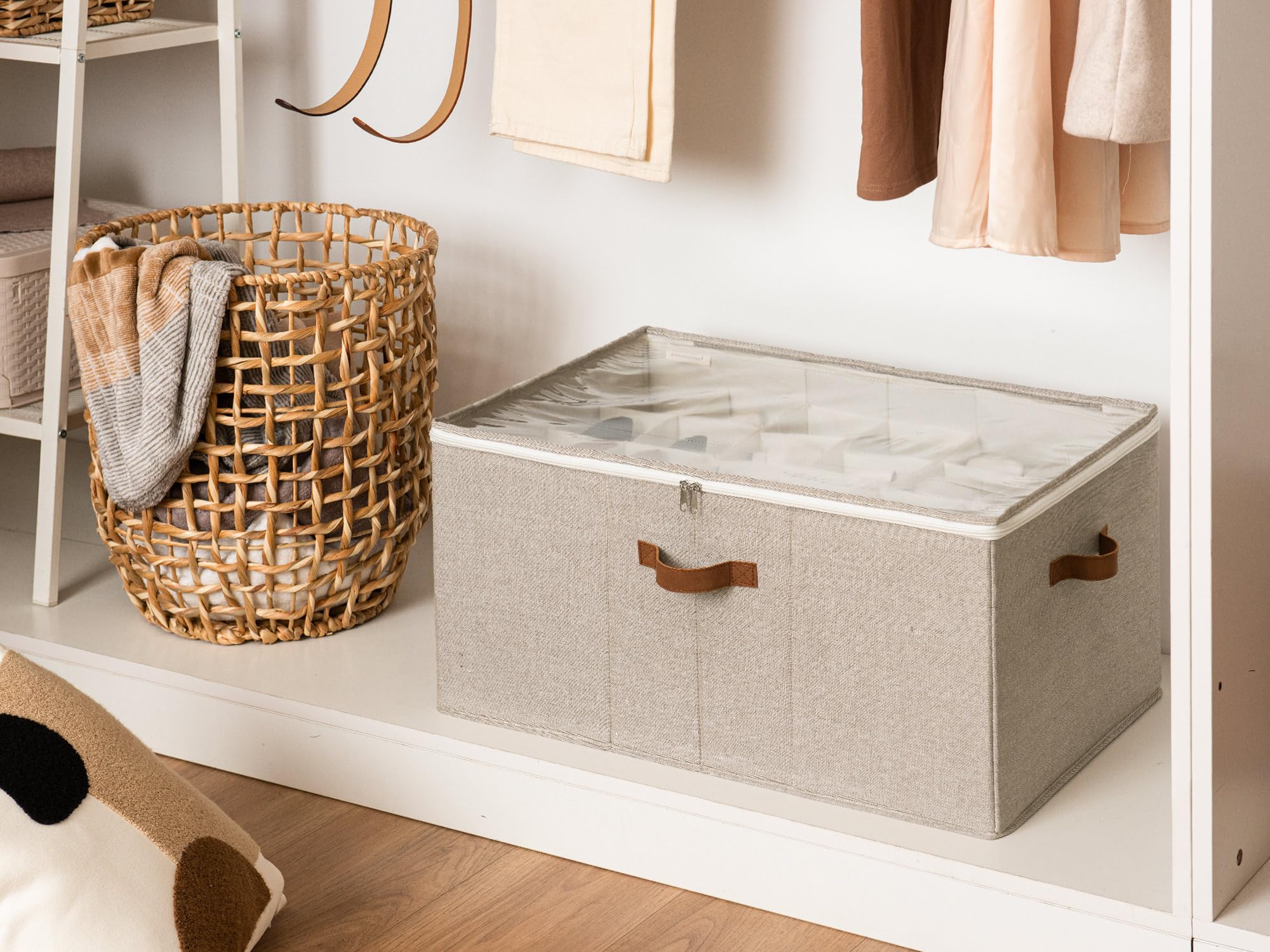 StorageWorks Organizador de zapatos para armario, caja de almacenamiento con capacidad para hasta 24 pares, caja de almacenamiento de tela, contenedores de almacenamiento para armario, marrón y beige