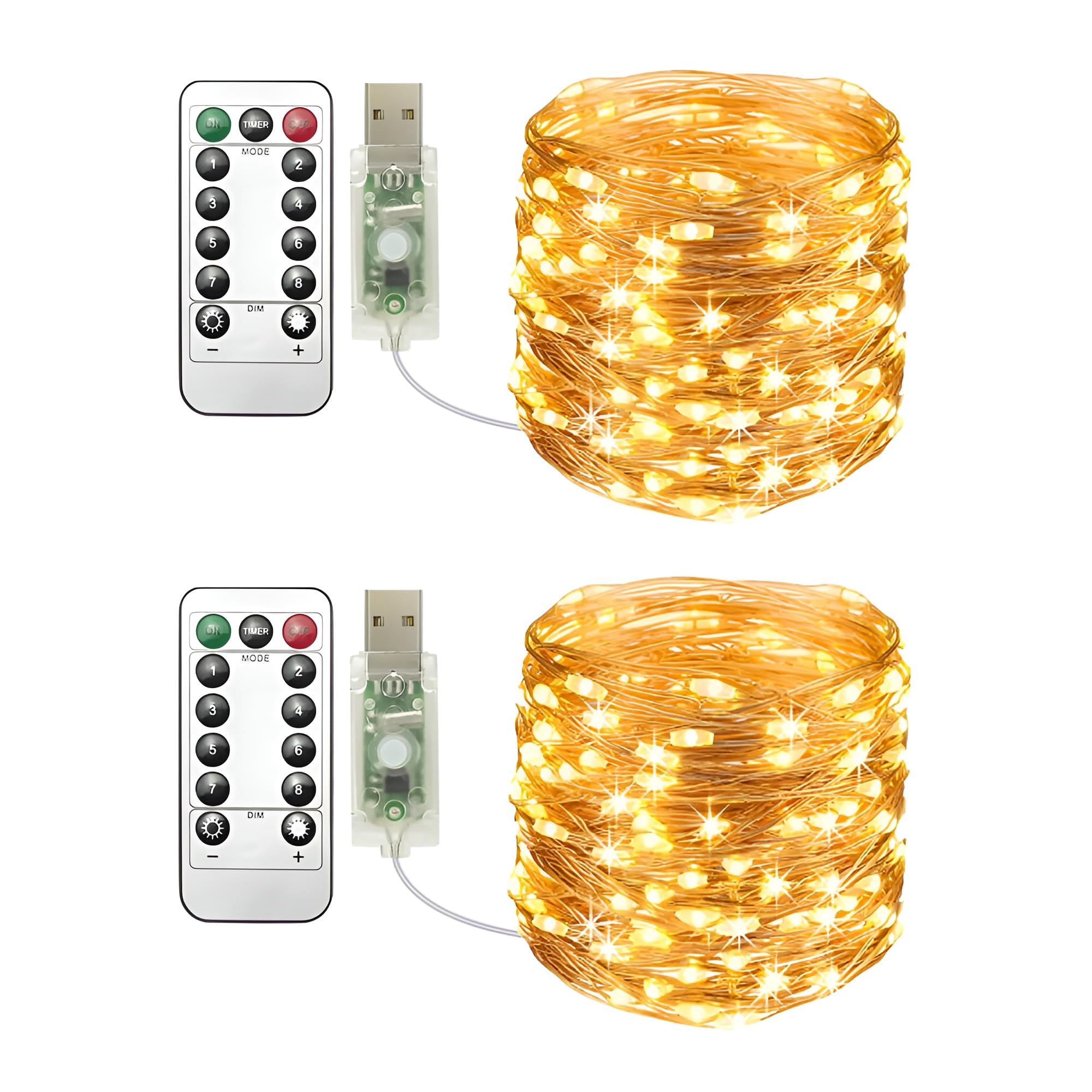Clearhill USB Fairy Lights 2Pack,33ft/10M Warm 100LED USB Cooper Wire String Lights with Remote Control, 8 Modes, Timing & Dimmable for Christmas Bedroom Indoor Outdoor Decor