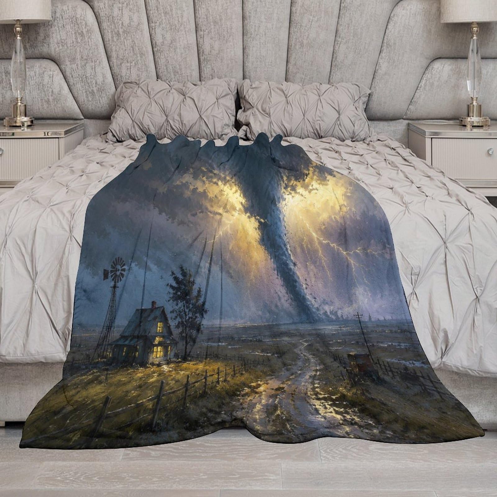 Dramatic Tornado Cabin Landscape Painting Kuscheldecke für Zuhause