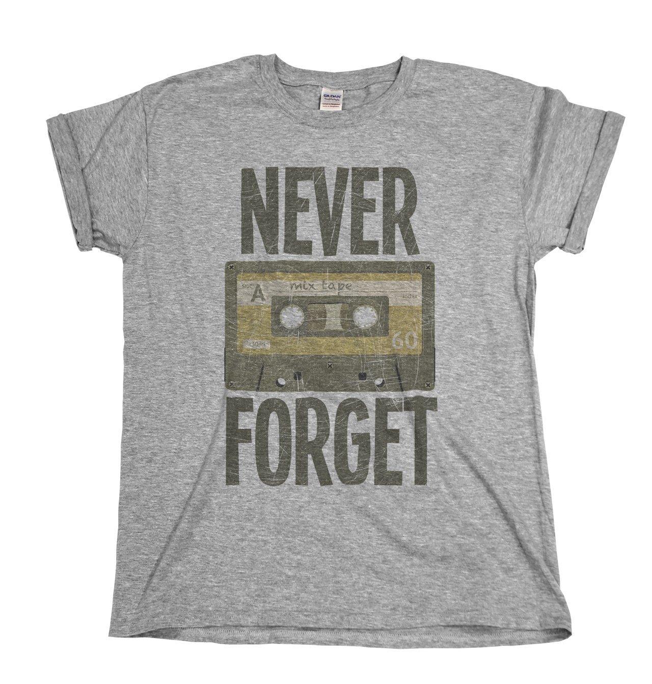 buzz shirts Never Forget Retro Music Cassette Tape, Mens or Women's Retro Novelty Slogan Organic Cotton T-Shirt Grey