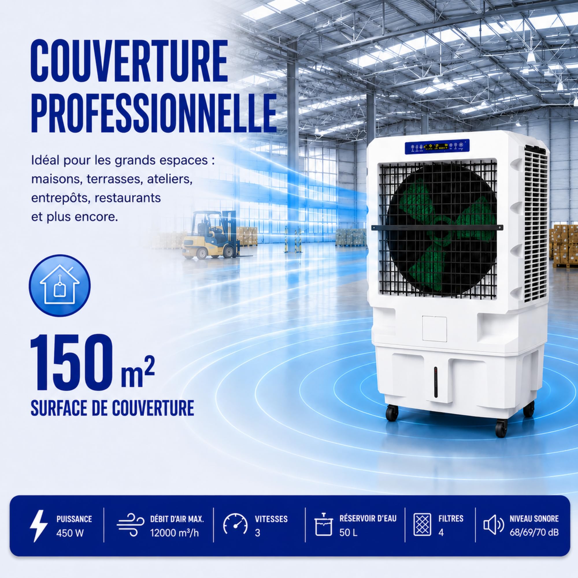 Climatizador Evaporativo Profesional VONALA EOLUS 120 PRO – Enfriador de Aire Portátil, Depósito 50L, Caudal 13000 m³/h, Cobertura 150m², 800W, Industrial Pórtatil, Ideal Terrazas y Hostelería