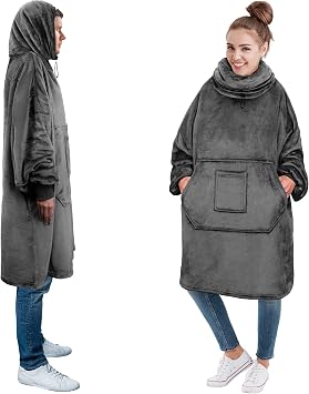 PAVILIA Wearable Blanket Hoodie for Women Men, Oversized Hoodie Sweatshirt Blanket, Hooded Sweater Blanket Neck Warmer, Fleece Soft Hug Sleep Pod Adult, Cozy Warm Plush Gift Ideas for Mom Wife, Gray