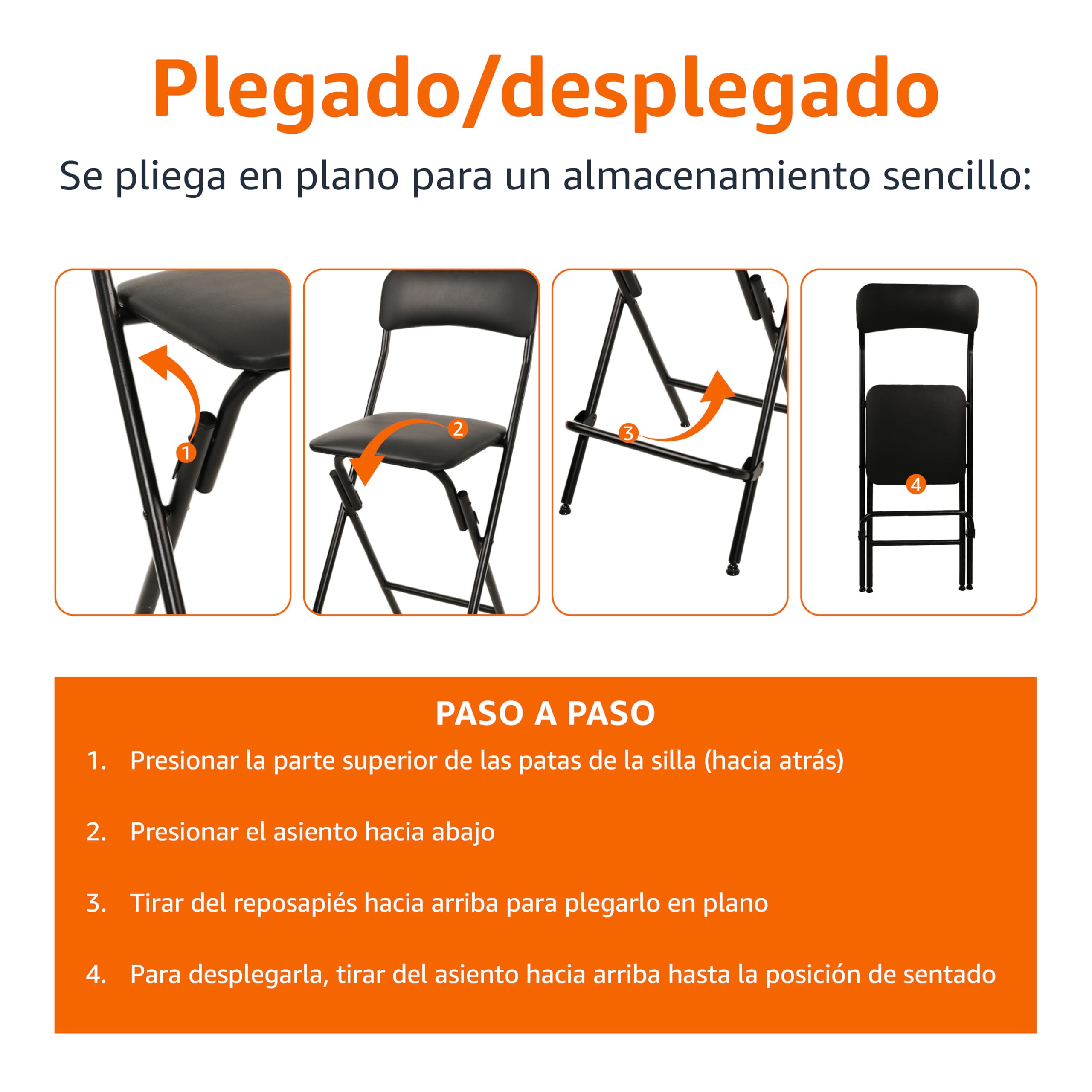 Amazon Basics Taburete Plegable con Respaldo, Capacidad de 136,1 kg, Altura de 61 cm, Negro, Paquete de 2