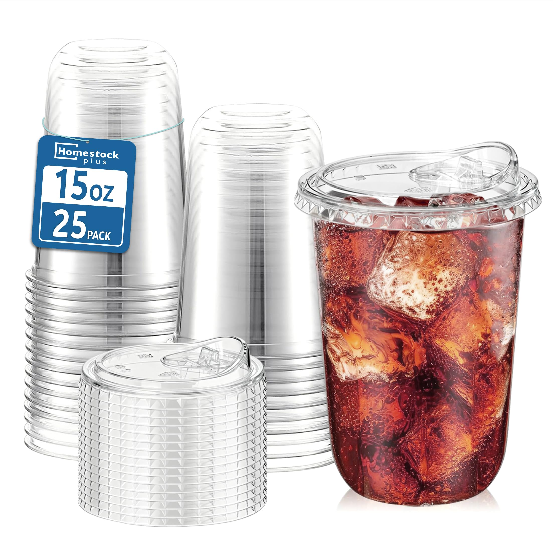 Homestockplus 25 Pack 15 oz BPA-Free Clear Plastic Cups with Strawless Sip Lids - Leak-Proof Round Bottom Disposable