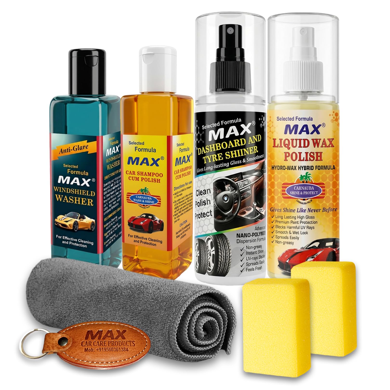 MAX Supreme Car Care Kit - STANDARD (Pack of 4 Items of 200 ML Each, 1 Pc Microfiber Cloth 350 GSM, 2 Pcs Foam Applicators and 1 Pc Leather Keychain) for Car Cleaning, Washing, Conditioning and Polishing-image-24