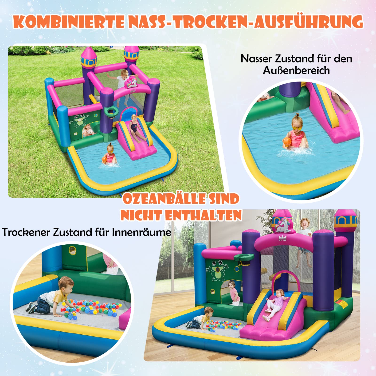 COSTWAY Hüpfburg mit Gebläse, Sprungbereich, Rutsche & Planschbecken, Kinder Springburg für Indoor & Outdoor, inkl. Tragetasche, 327 x 392 x 270 cm