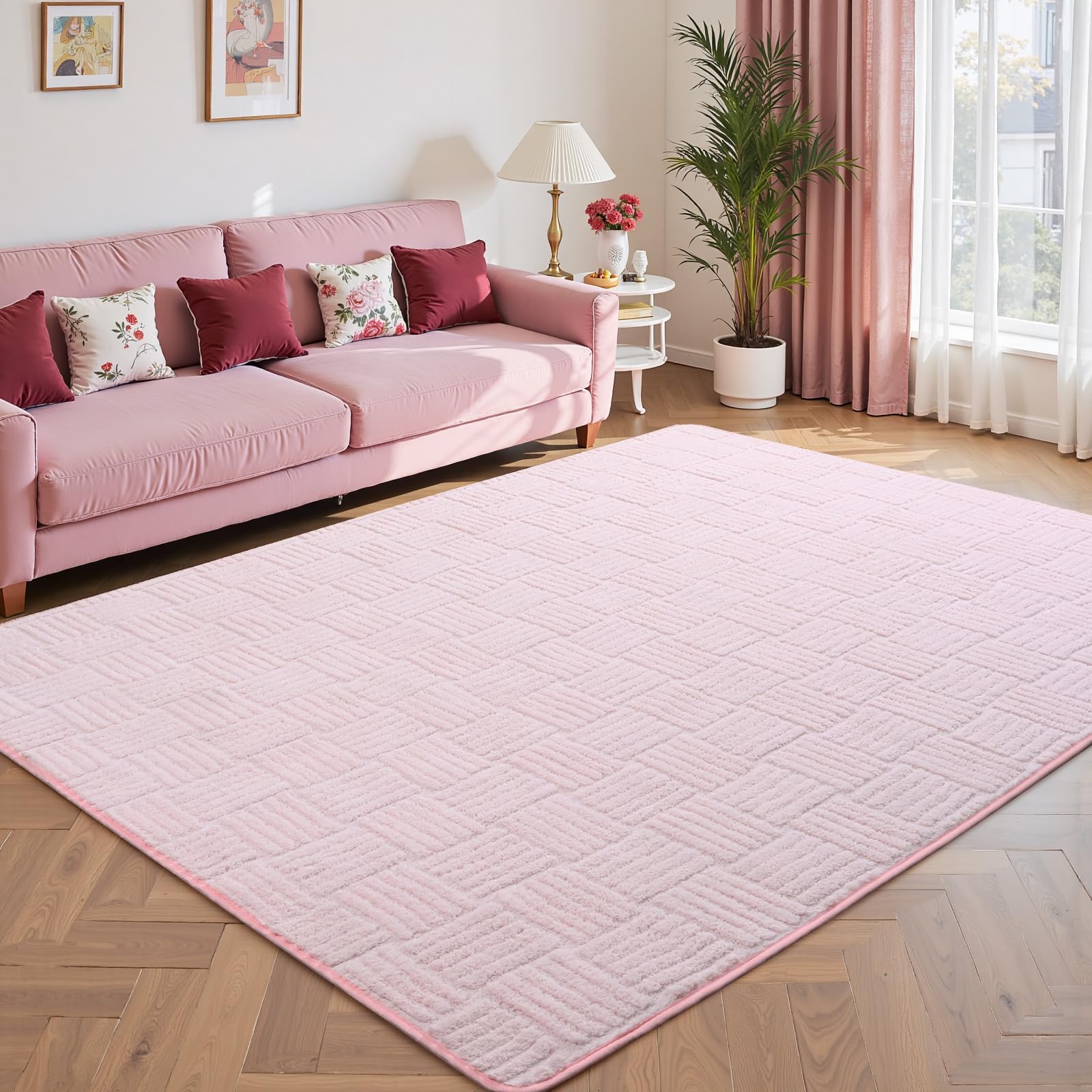Flagover 5x7 Pink Washable Shag Area Rug for Girls Bedroom, Modern Geometric Non Slip Living Room Rugs, Fluffy Soft Thick Carpet for Kids Room, Dorm,