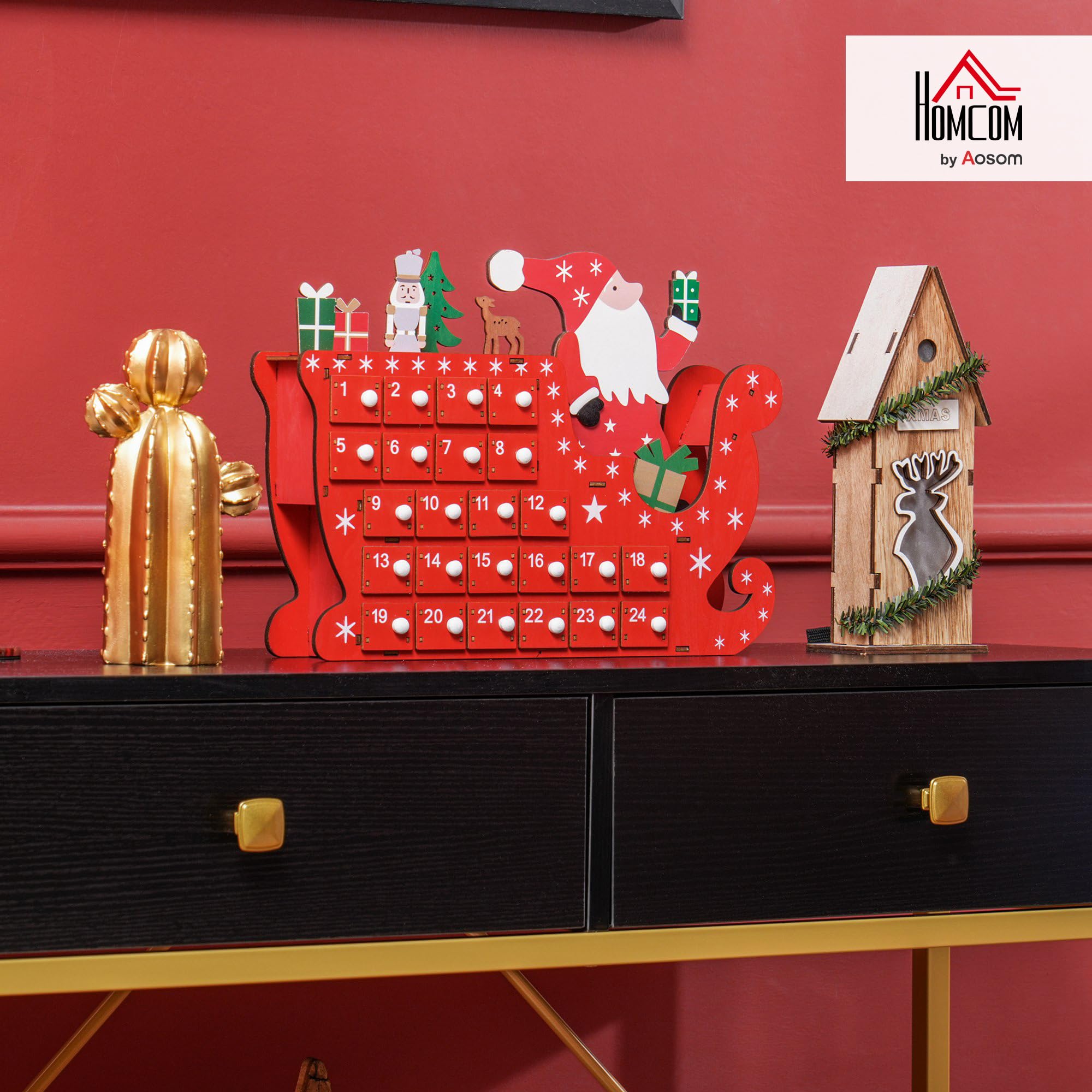 HOMCOM - Calendario de adviento de madera con 24 cajones para rellenar, color rojo | Calendario de Adviento reutilizable, diseño de Papá Noel y trineo, decoración de Navidad, regalo para niños y adultos