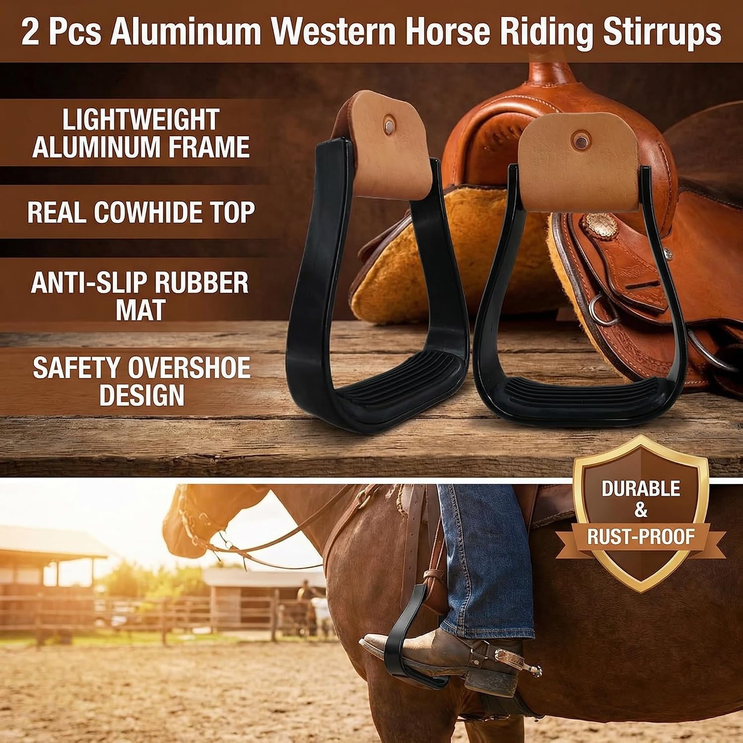 2 Pcs Aluminum Western Horse Riding Stirrups, Lightweight Overshoe Safety Design with Anti-Slip Rubber Foot Mat, Cushioned for Ankle Stress Relief Fatigue Reduction for Equestrian Saddles
