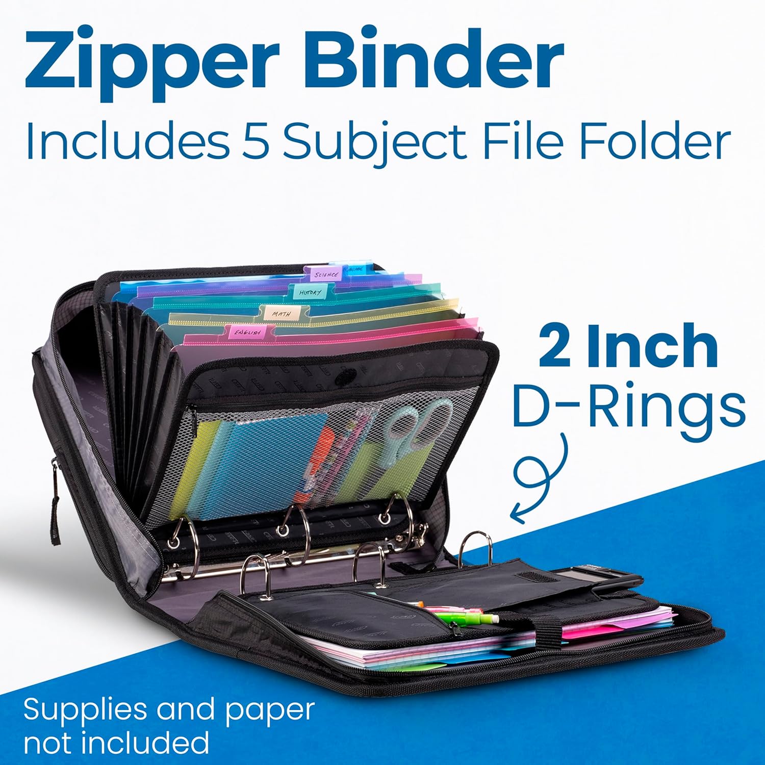 Case-it The Dual 2.0 2-in-1 Zipper Binder | Two 2-Inch D-Rings, 700 Sheet Capacity, 5-Subject Expanding File Folder, Multiple Pockets & Storage Organizer, Shoulder Strap | Dual-301 Black